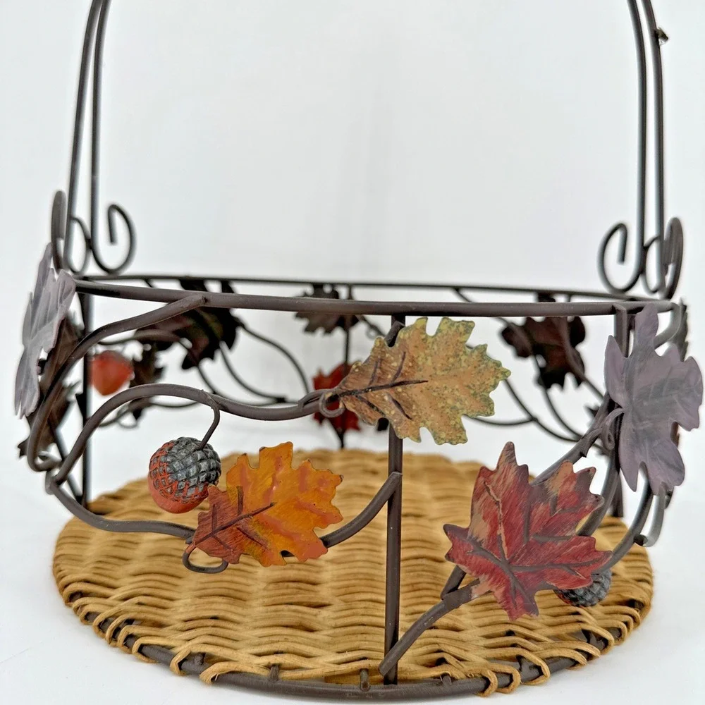Fall Harvest Metal & Rattan‎ Basket with Handle Autumn Decor Leaf Acorn
